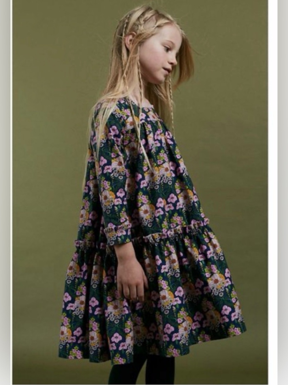 The middle daughter Floral Print LongSleeve Kids Dress - Green with Pink Flowers